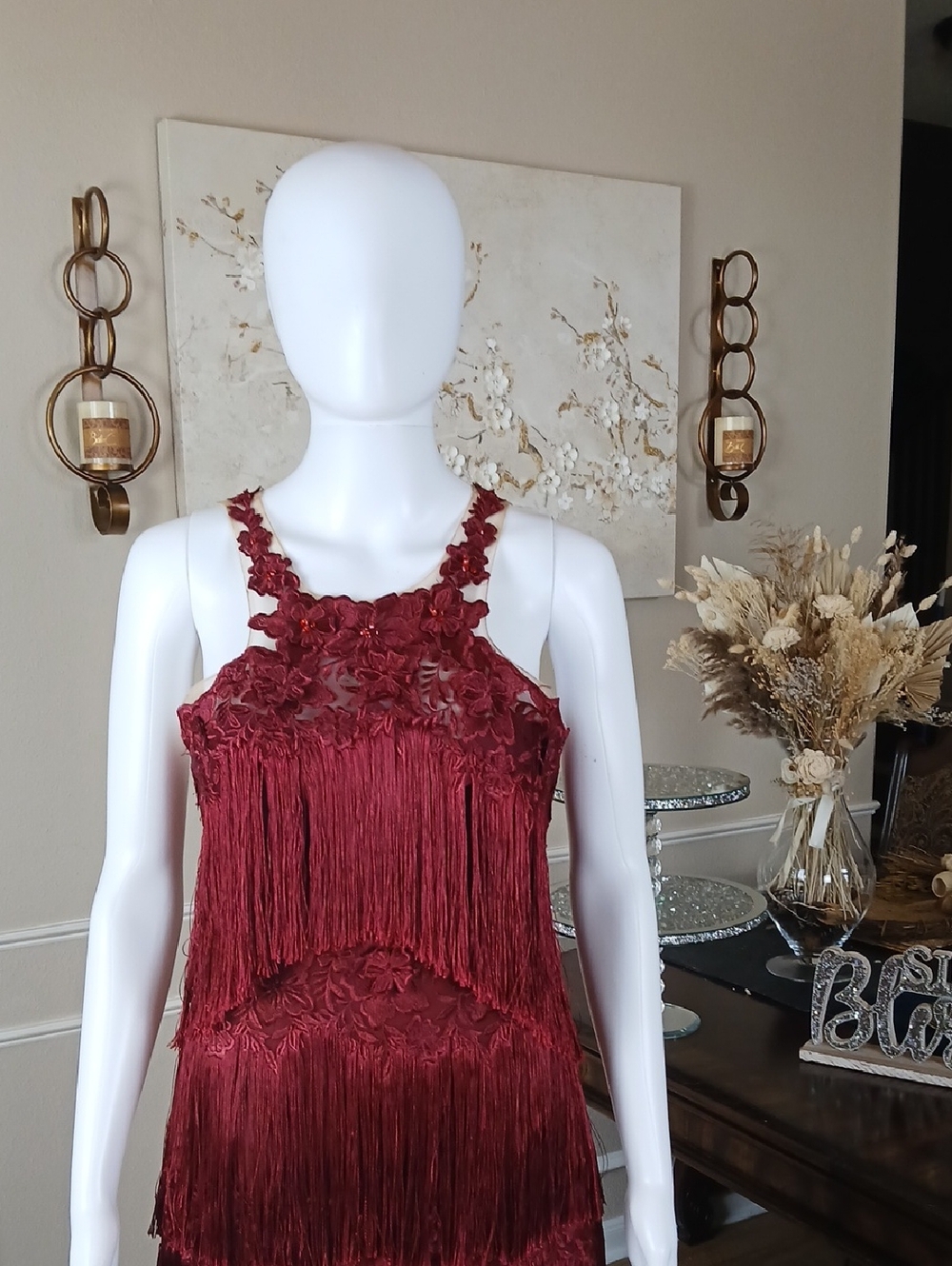 New Women's Fringed Wine Embroidered Cocktail Dress By Marchesa Notte. Size 2 - Picture 6 of 16